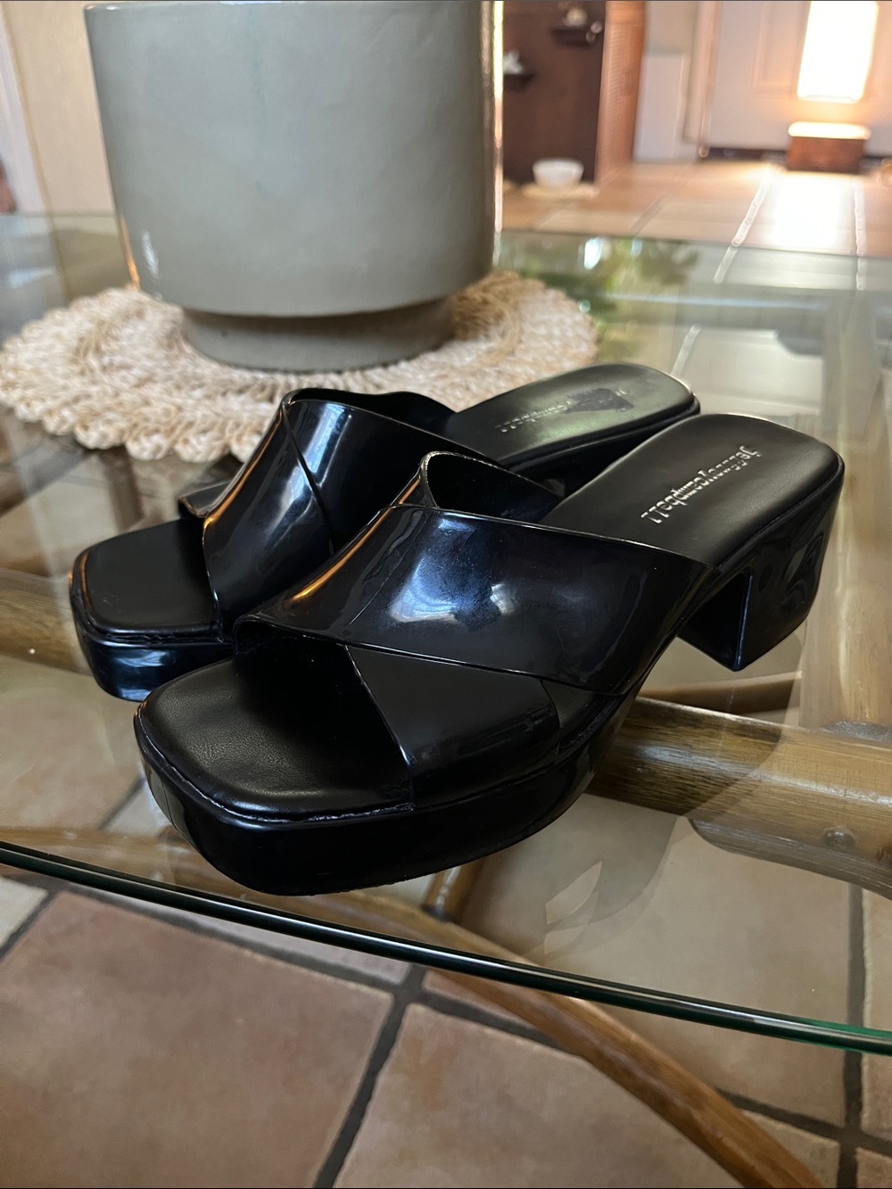 Jeffrey Campbell Black Patent Platform Slide Sandals